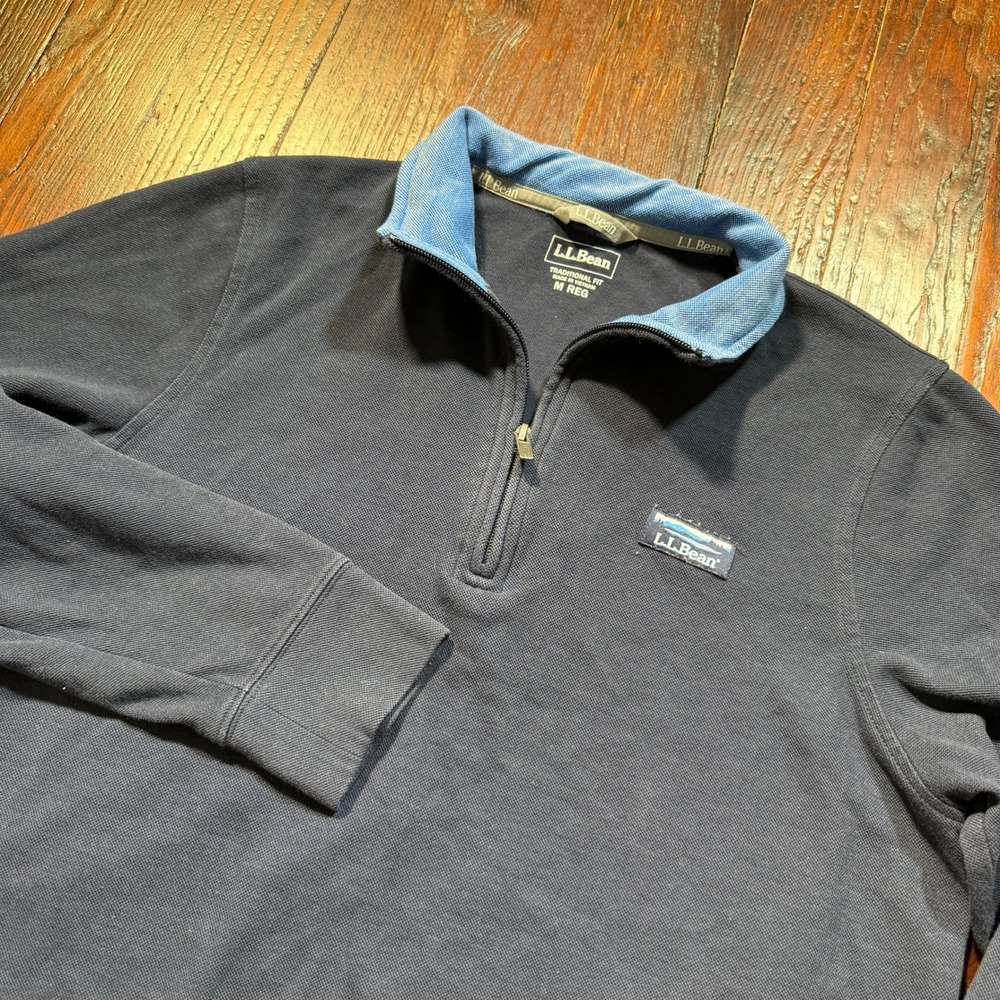 LL Bean Sweater Mens M Blue Quarter Zip Pullover 513021 Pique Knit Logo Patch